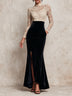 Elegant Lace And Black Velvet Trim Stand Collar Fishtail Maxi Dress