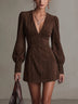 Brown Faux Suede Deep V-Neck Puff Sleeve Mini Dress