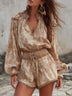 V-Neck Botanical Print Waist-Cinching Short Romper