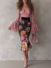 Elegant lace bell-sleeve top and oil-painting print midi skirt set