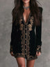 Boho Retro Gold Embroidered Velvet Mini Dress