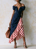 Off-shoulder color-block striped midi dress with an asymmetrical hem