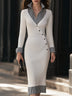 Contrast Striped Collar Faux Wrap Midi Dress