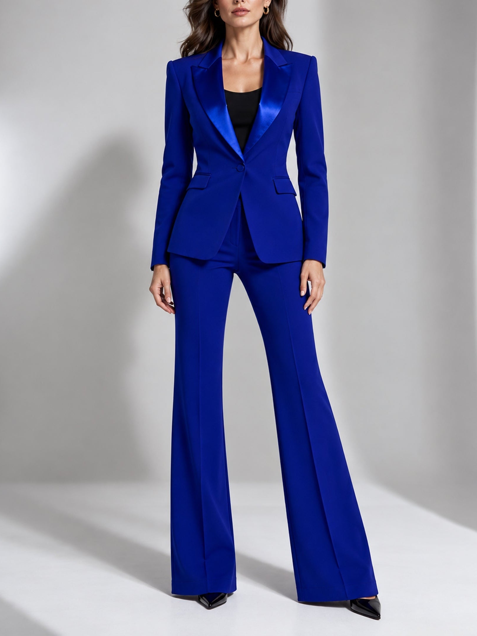 Royal Blue Satin Peak Lapel Single Breasted Blazer And Pants Set