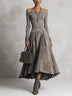 Grey Off Shoulder Faux Suede Patchwork Midi Skirt Set