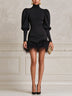 Elegant High-neck puff-sleeve mini dress with a faux-fur hem