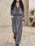 Grey lustrous corduroy shirt and high-waisted trousers set