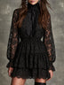 Vintage-style black floral lace high-neck mini dress with bow detail