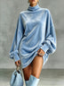 Casual High-Neck Loose-Fit Velvet Mini Dress with Lantern Sleeves