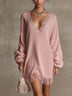 Pink Shimmer Mini Dress With Sequin Trim And Fringe Hem