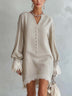 Apricot Midi Dress with Lace Paneling and Front Button Closure
