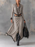 Grey stretch mock-neck cropped top and slit maxi skirt set（Belt included）