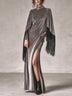 Silver Grey Velvet Maxi Dress With Black Fringe Cape Sleeves