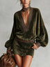 Vintage-style olive green velvet deep V-neck mini dress (belt included)