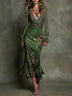 Vintage Green V-Neck Printed Maxi Dress with Fishtail Hem