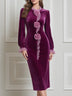 Purple Velvet Stand Collar Floral Appliqué Pencil Midi Dress