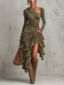 Green Faux Suede Asymmetric Ruffle-Hem Midi Dress（Belt included）