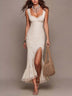 Bohemian Lace-Panelled Pleated Midi Mermaid Dress with High Slit