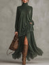 Green faux-suede and sheer chiffon paneled maxi dress with a high neck