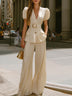 Elegant Puff-Sleeve V-Neck Belted Wide-Leg Two-Piece Set
