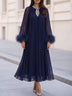 Woven Trim Keyhole Neck Pleated Chiffon Maxi Dress With Feather Cuffs
