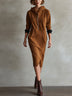 Brown sweatshirt-fabric hooded half-zip midi dress
