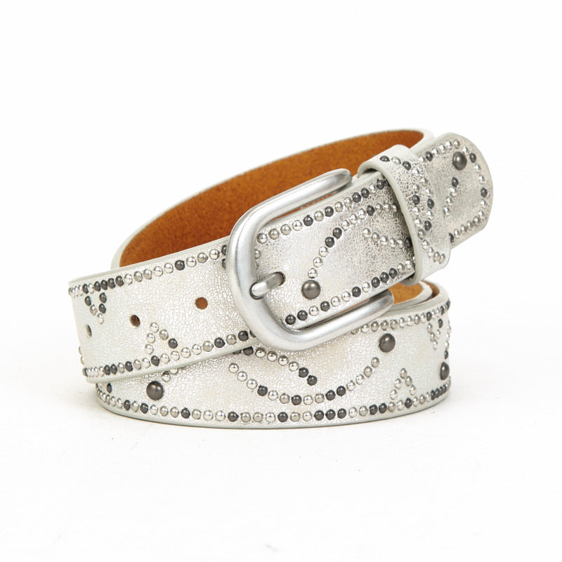 Distressed dark gold cracked PU leather rivet belt