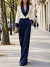 Navy Satin Lace Trim Two-Piece Trouser Set