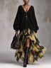 Black Oversized Knit V-Neck Gradient Print Chiffon Ruffle Hem Maxi Dress