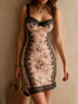 Vintage romantic floral print mini dress with black lace trim