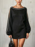 Black linen-blend lantern-sleeve mini dress with piped trim