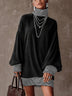 Black Striped Mock Neck Color‑Block Oversized Mini Dress