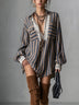 Taupe mini dress with blue stripes and lace trim