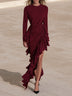 Burgundy midi evening gown with ruffles and an asymmetrical hem