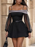Satin Off Shoulder Tulle Sleeve Mini Party Dress