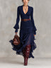 Navy V-neck maxi dress with chiffon paneling and a ruffled hem（Includes a belt）