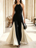 Elegant Contrast Panel Split Wide Leg Halter Jumpsuit(Necklace not included)
