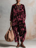 Classic Retro Casual Burgundy Rose Floral Velvet Two-Piece Set