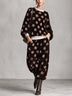 Brown Polka-Dot Velvet Loose-Fit Top and Harem Pants Set
