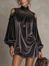 Dark Grey Velvet Shoulder Mini Dress With Lace High Neck