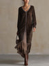 Elegant Faux Suede Loose Midi Dress with V-Neck and Binding Detail