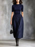 Casual navy blue crew neck short-sleeved top and midi skirt set