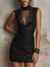Vintage sheer lace-trim mini dress with a mock neck