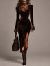 Vintage Velvet Lace Mock Neck Bodycon Midi Dress With Side Slit