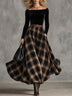 Retro Elegant Black Velvet Off-Shoulder Belted Plaid Flared Maxi Dress
