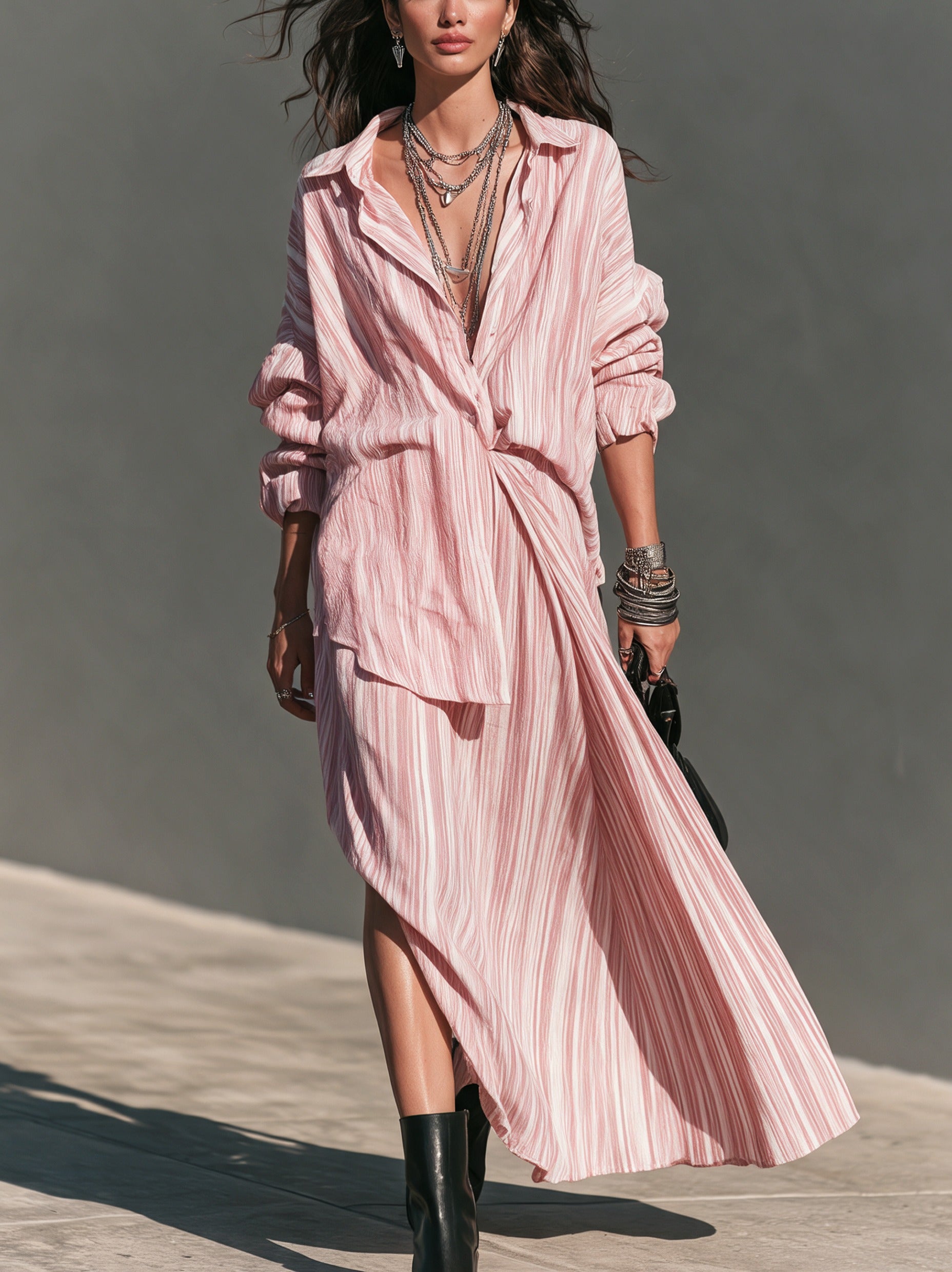 Casual-Elegant Pink Striped Shirt And Skirt Two-Piece Set