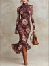 Purple printed high-neck dress with ruffles and a fishtail hem