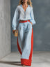 Stylish blue striped shirt and color-block wide-leg trousers set