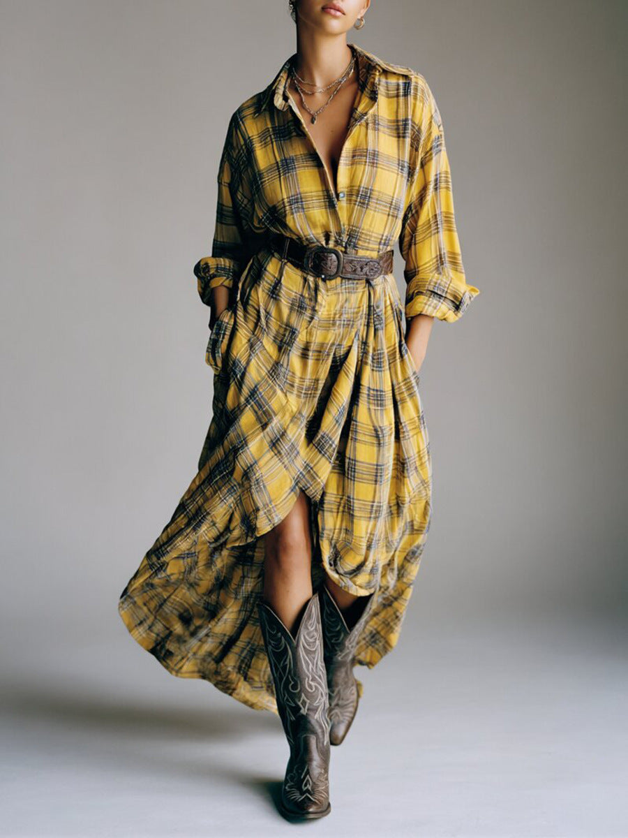 Casual loose retro plaid shirt dress with belt