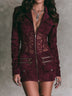 Burgundy Lace Waist Zip‑Up Microsuede Mini Dress With Multi‑Pocket